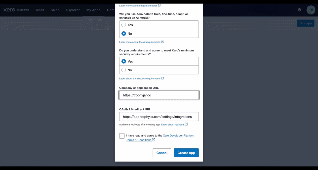 Xero app creation form interface
