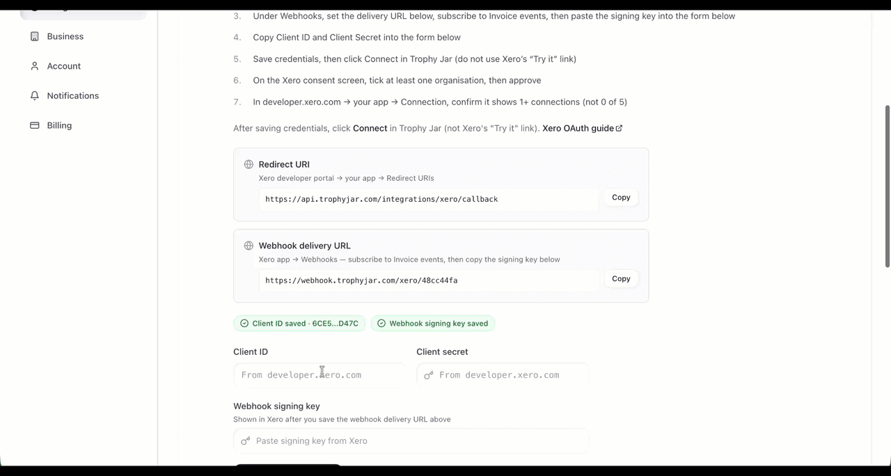 Instructions for connecting webhooks and credentials