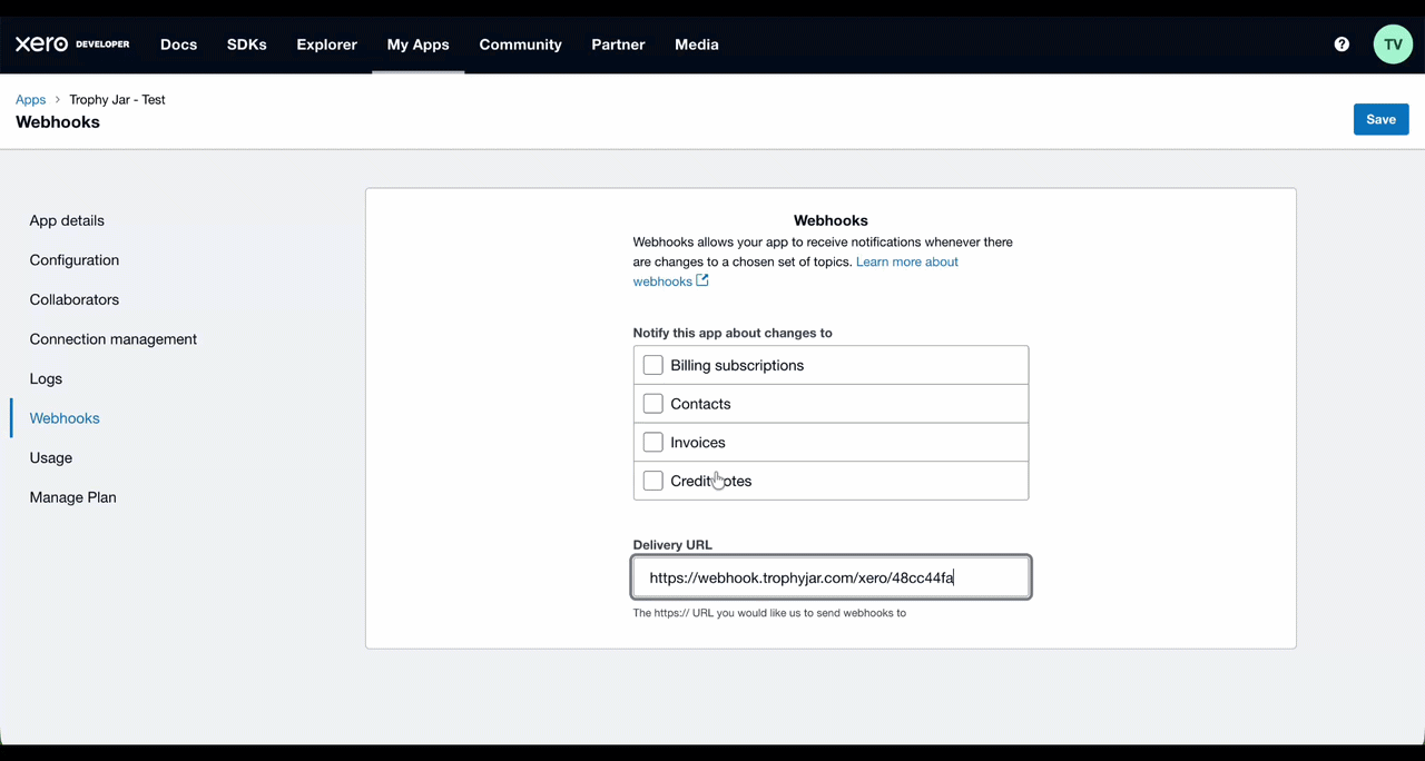 Webhook setup interface with options