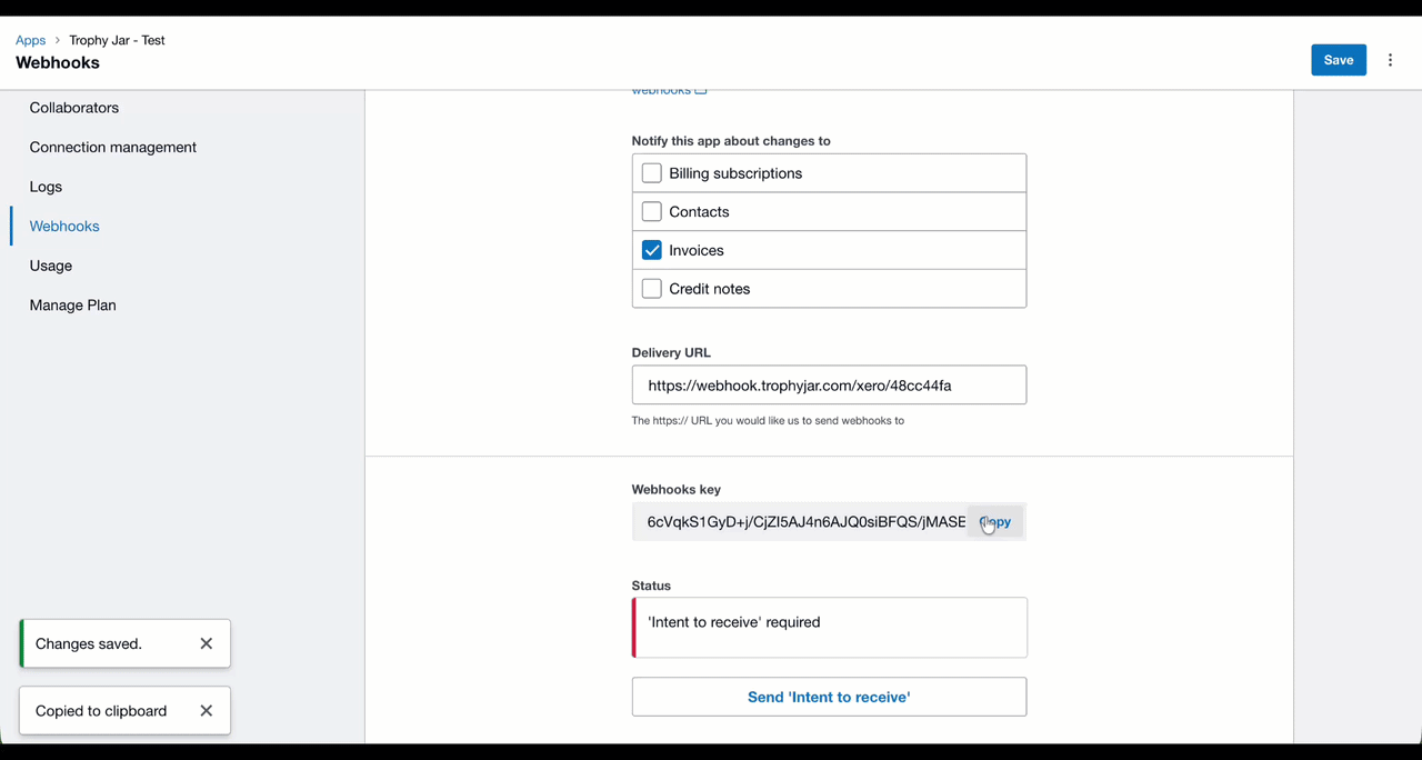 Webhook settings and configuration interface