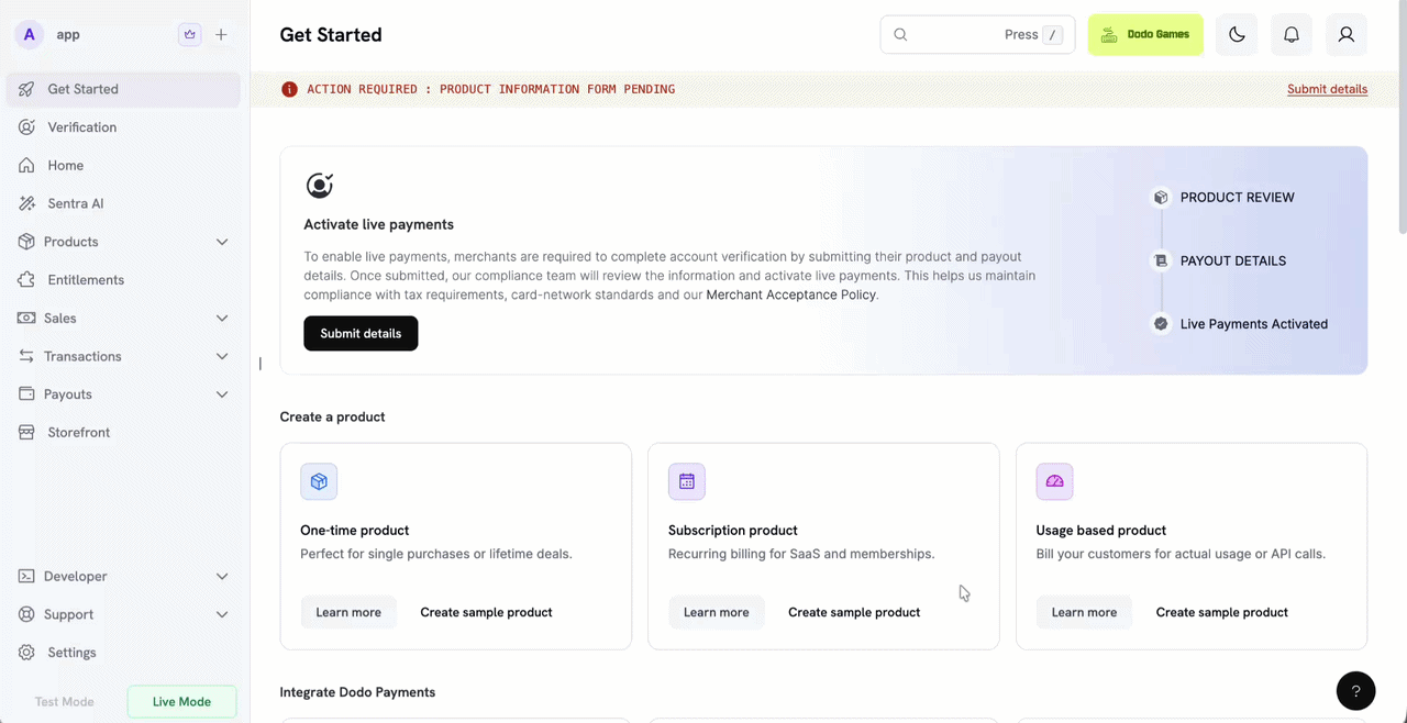 How to Connect Dodo Payments to Trophy Jar 1 User interface for payment activation process