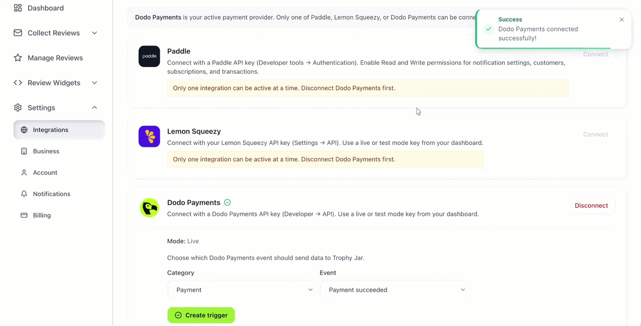 How to Connect Dodo Payments to Trophy Jar 4 Payment integration setup with success notification