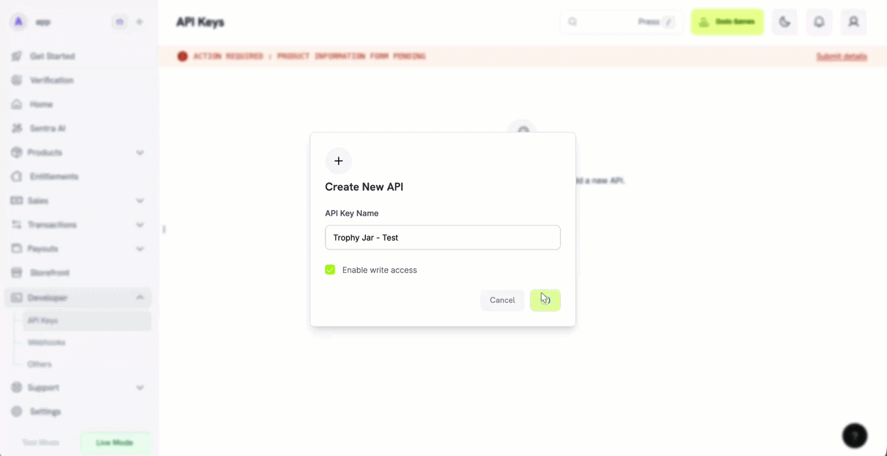 How to Connect Dodo Payments to Trophy Jar 2 Creating a new API key interface