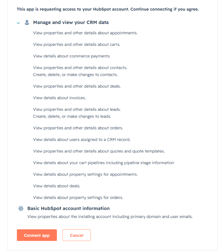 HubSpot app access request screen