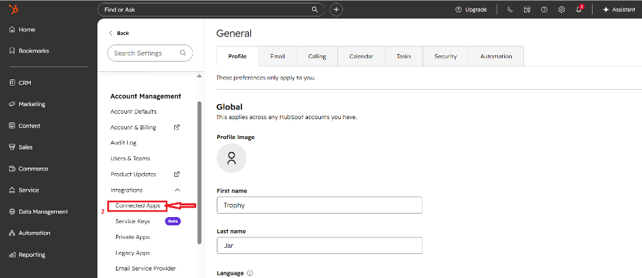 HubSpot account management interface screenshot