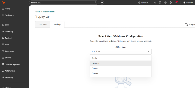 Webhook configuration selection interface