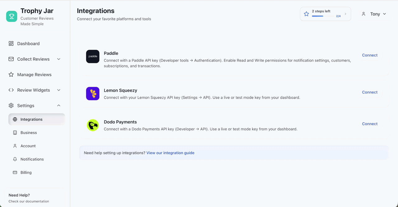 How to Connect Lemon Squeezy with Trophy Jar 2 Lemon Squeezy Trophy Jar SaaS Integration Step 2