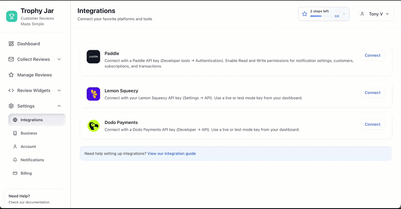 How to Connect Dodo Payments to Trophy Jar 3 Dashboard with integration options displayed
