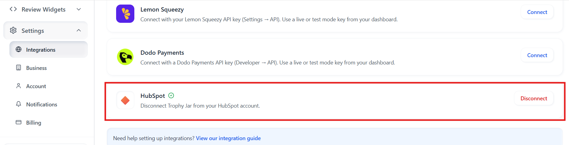 How to Disconnect Hubspot in Trophy Jar