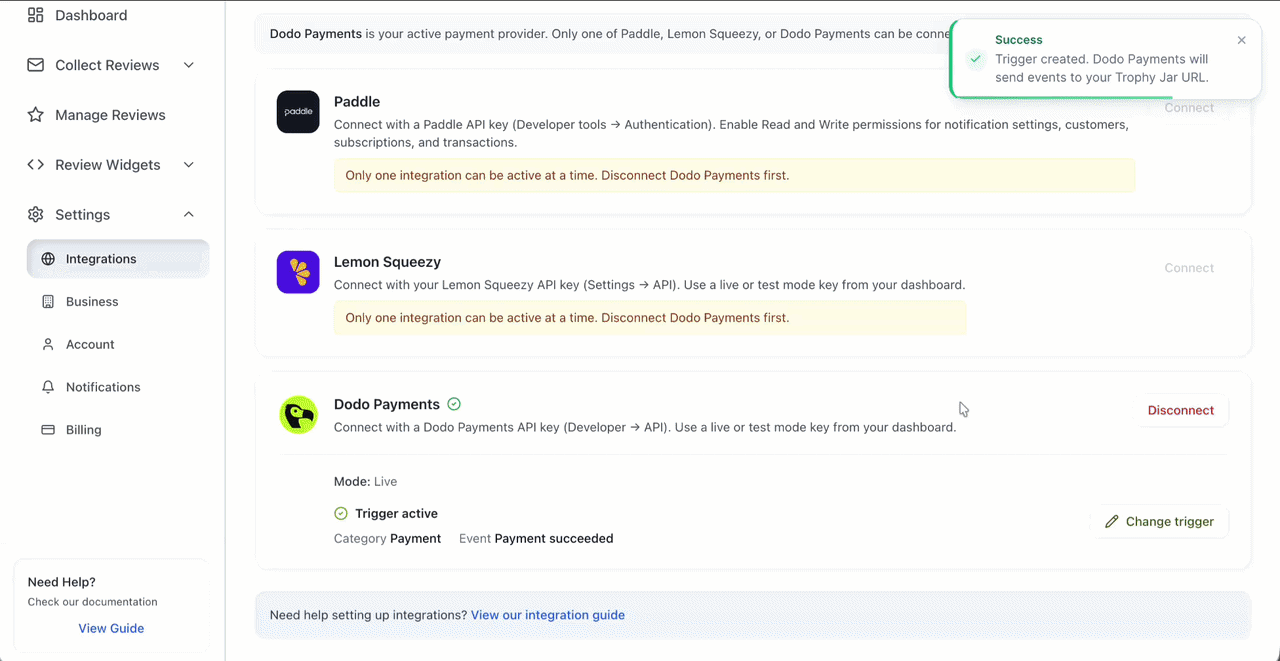 How to Connect Dodo Payments to Trophy Jar 5 Payment integration setup in progress