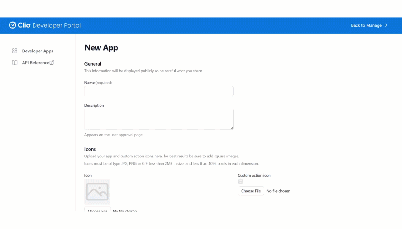 How to Connect Clio to Trophy Jar 1 Clio Developer Portal app creation screen