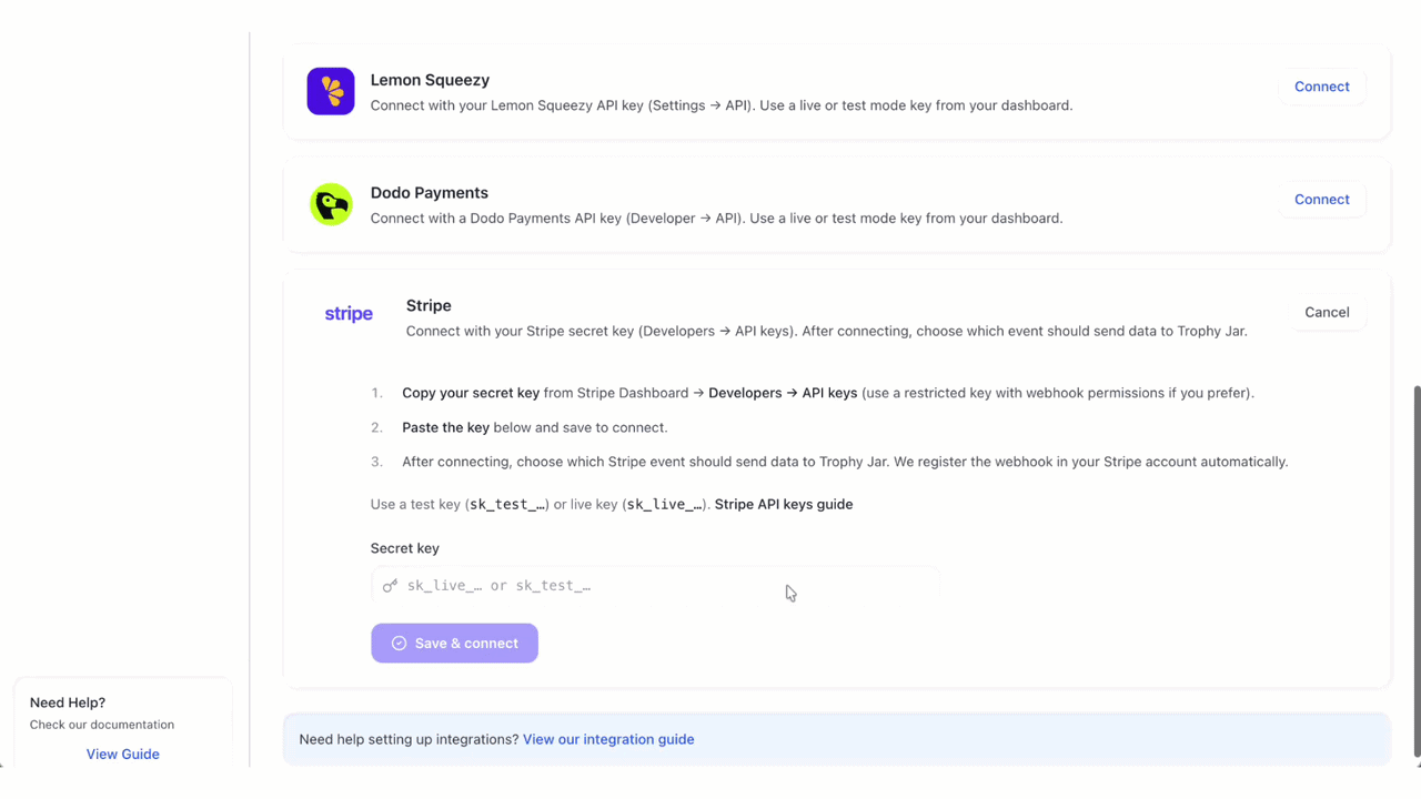 How to Connect Stripe to Trophy Jar 2 Instructions for connecting payment services