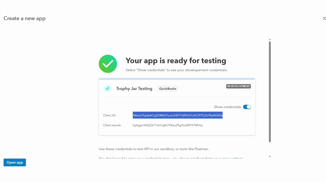 How to Connect QuickBooks to Trophy Jar 3 App ready for testing confirmation screen