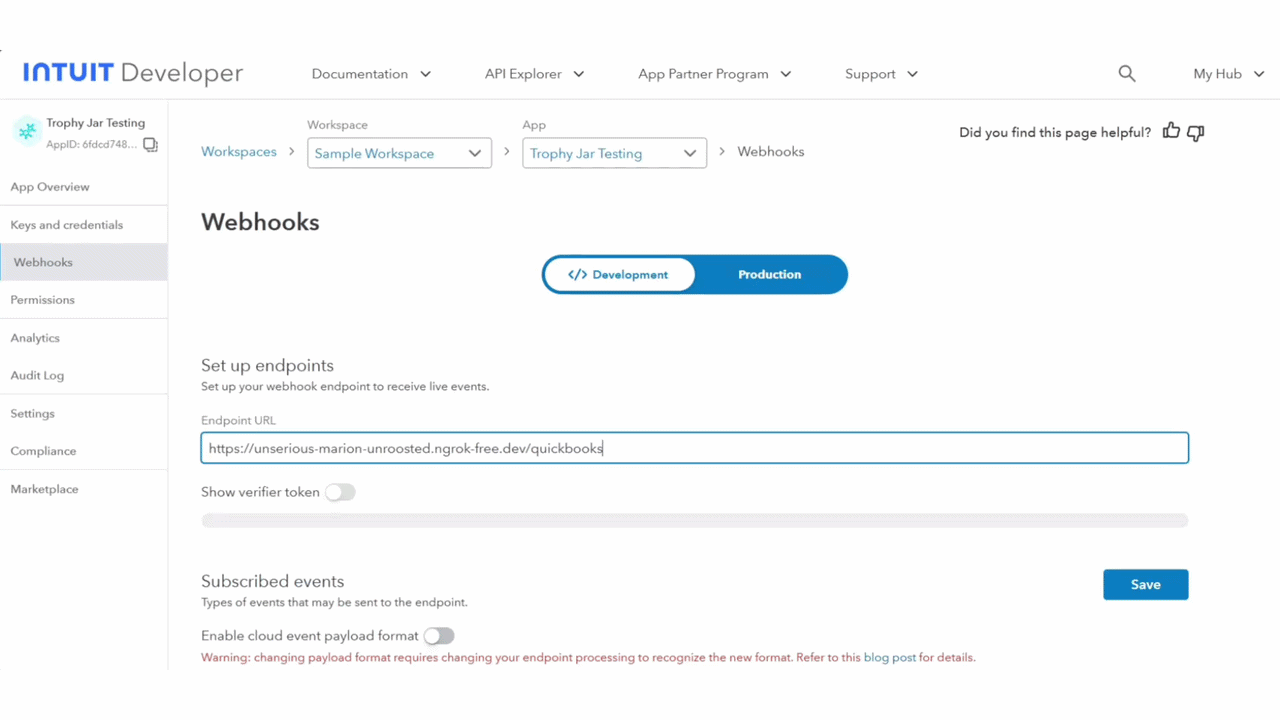 How to Connect QuickBooks to Trophy Jar 4 Webhook configuration interface screenshot
