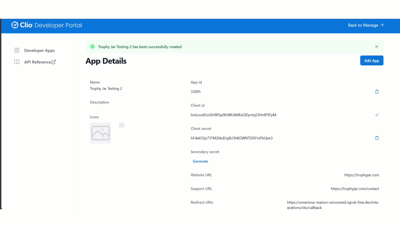 How to Connect Clio to Trophy Jar 4 App details and credentials displayed
