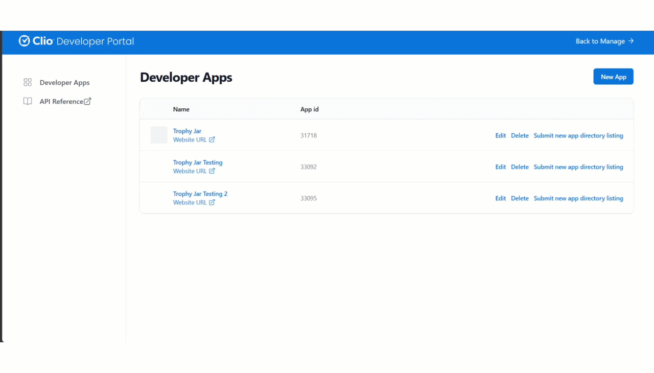How to Connect Clio to Trophy Jar 6 Developer apps list with management options