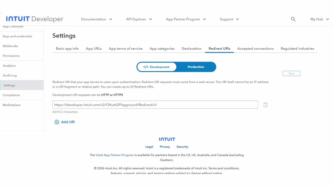 How to Connect QuickBooks to Trophy Jar 5 Intuit Developer settings page screenshot